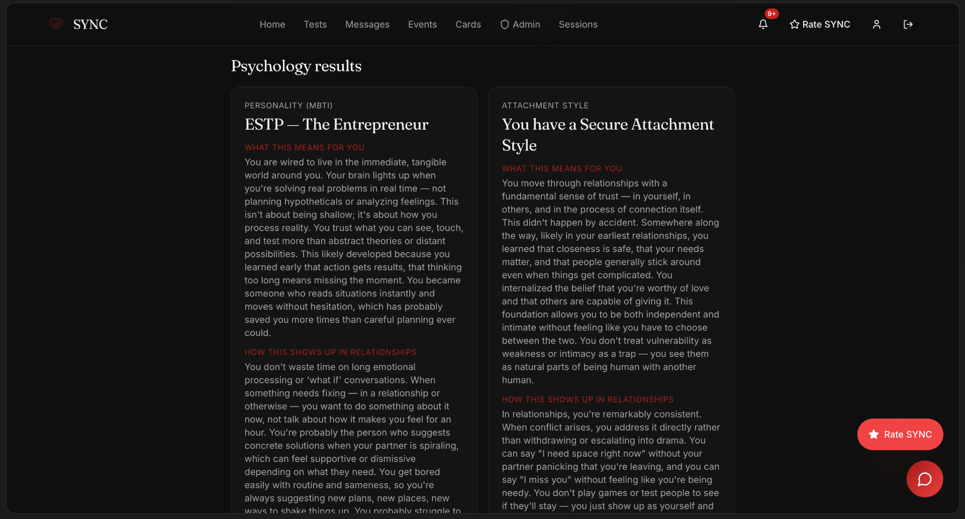 Psychology results — long-form insight into what each trait means for you in relationships.