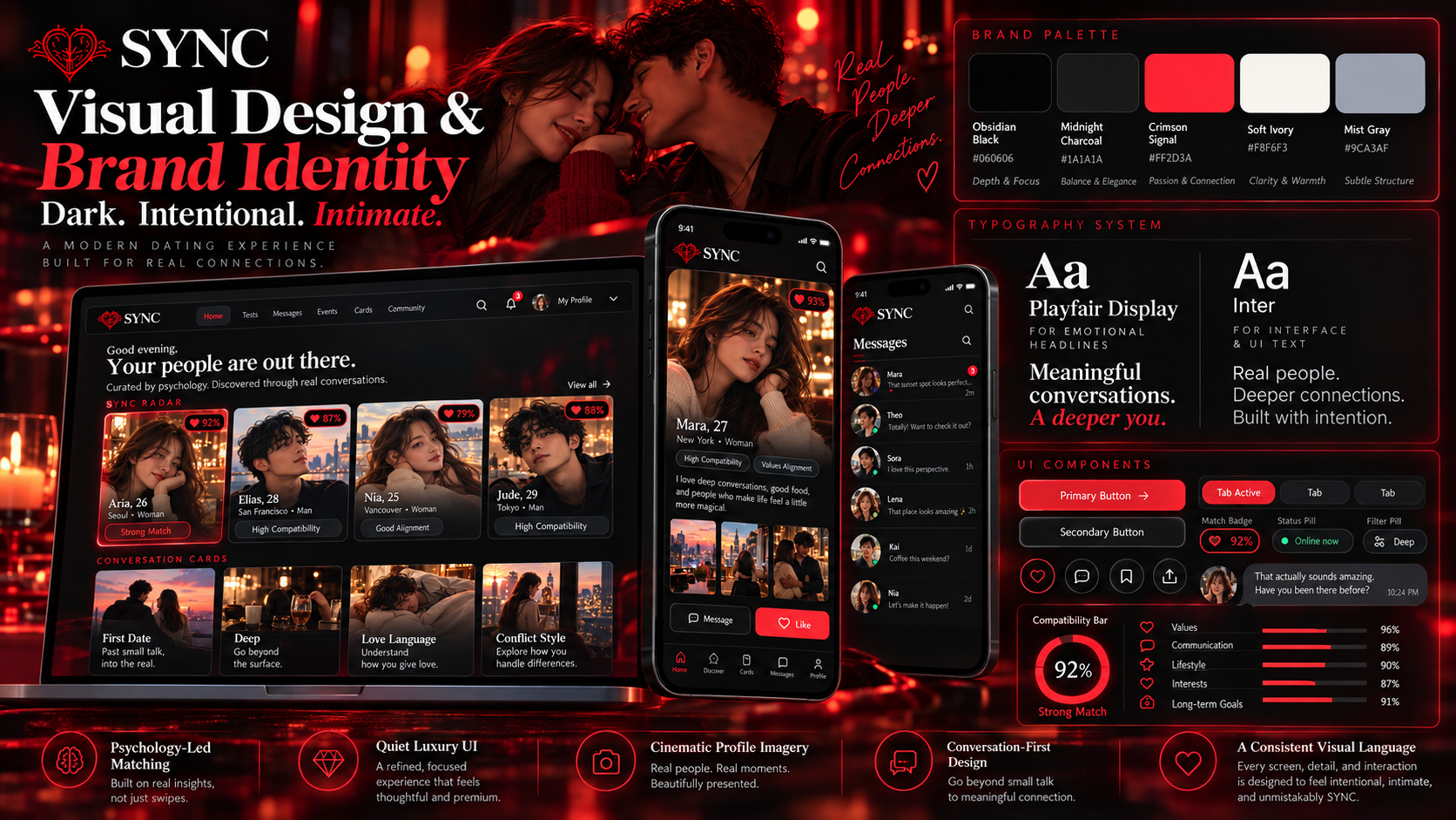 Visual design & brand identity — obsidian black, crimson accents, Playfair Display headlines and a consistent, intimate design language.