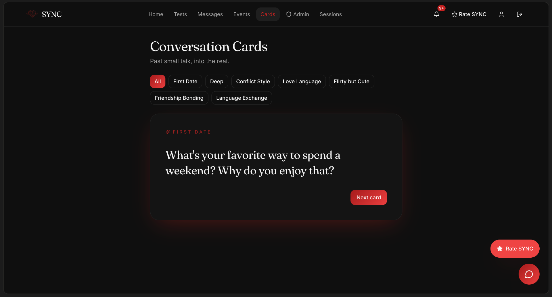 Conversation cards — categorised prompts that move chats past small talk.