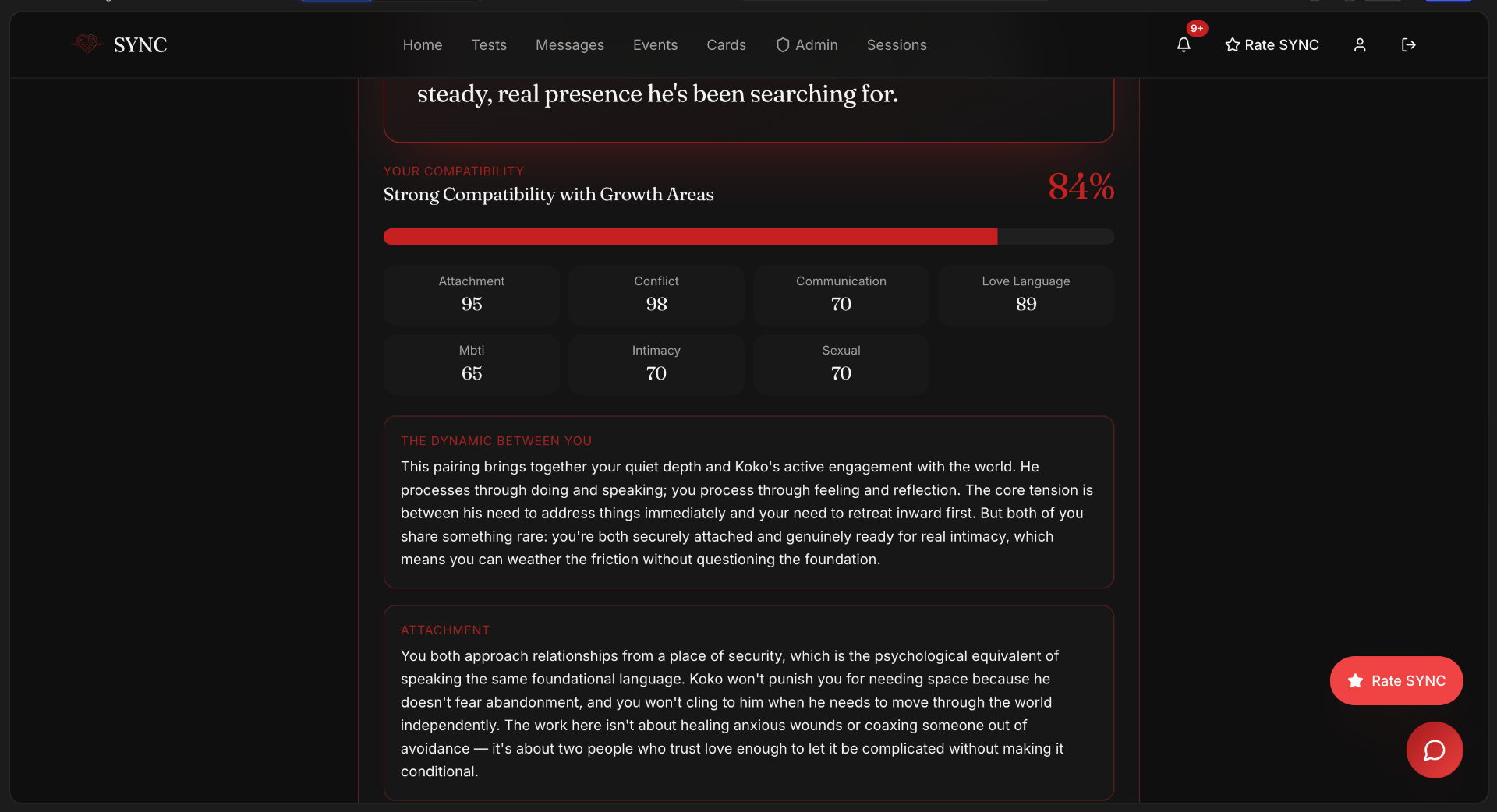 Full compatibility report — per-axis scores plus a written dynamic between the two people.