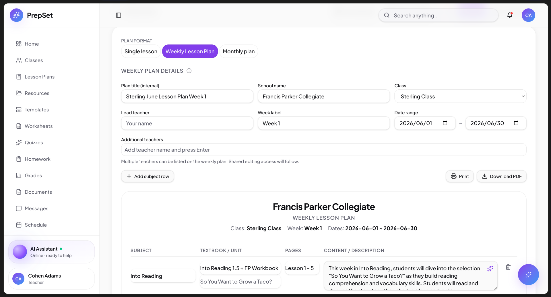 Weekly lesson planning with editable subject rows and printable PDF export.
