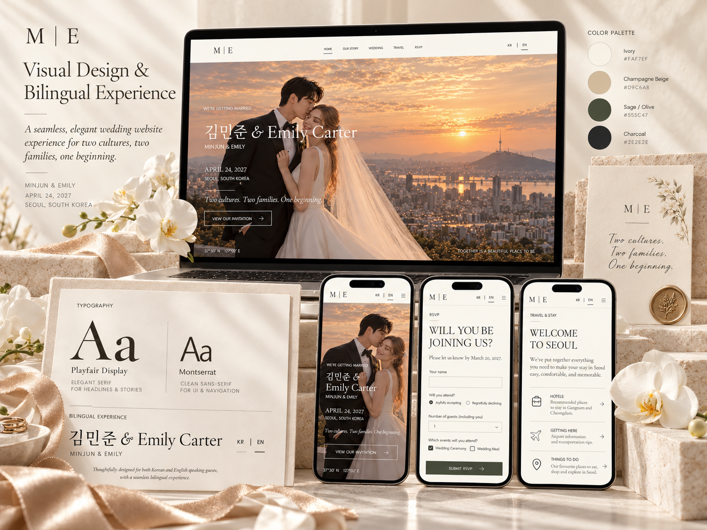 Visual design & bilingual experience — warm ivory, champagne beige, sage and charcoal, with Playfair Display for stories and Montserrat for the interface.