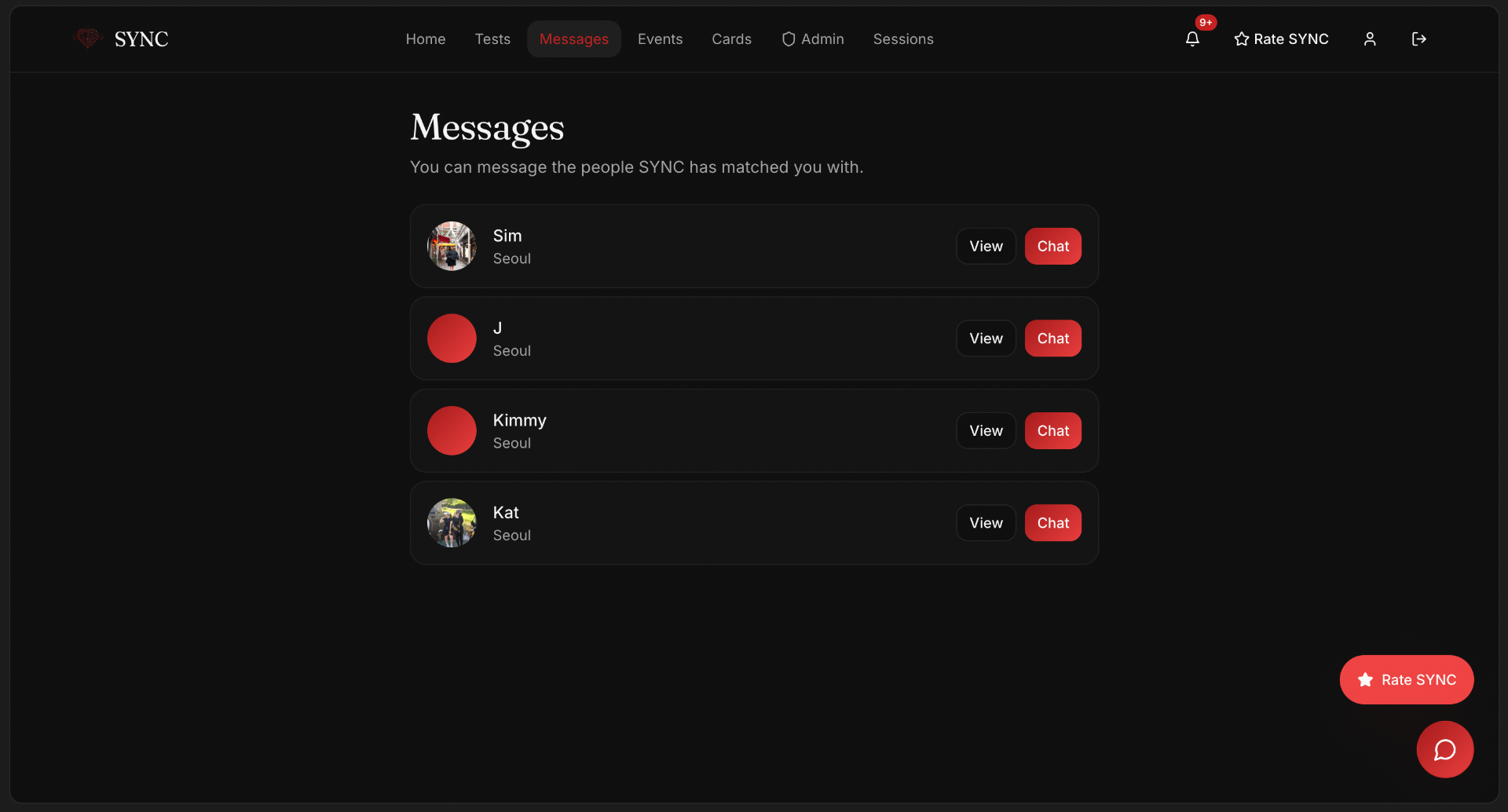 Messages — chat with the people SYNC has matched you with.