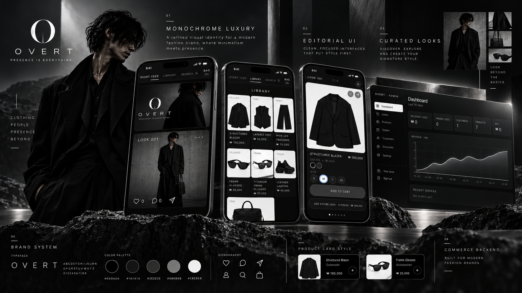 Fashion-tech identity — the OVERT monogram, monochrome palette and editorial interface language across shopping and administration.