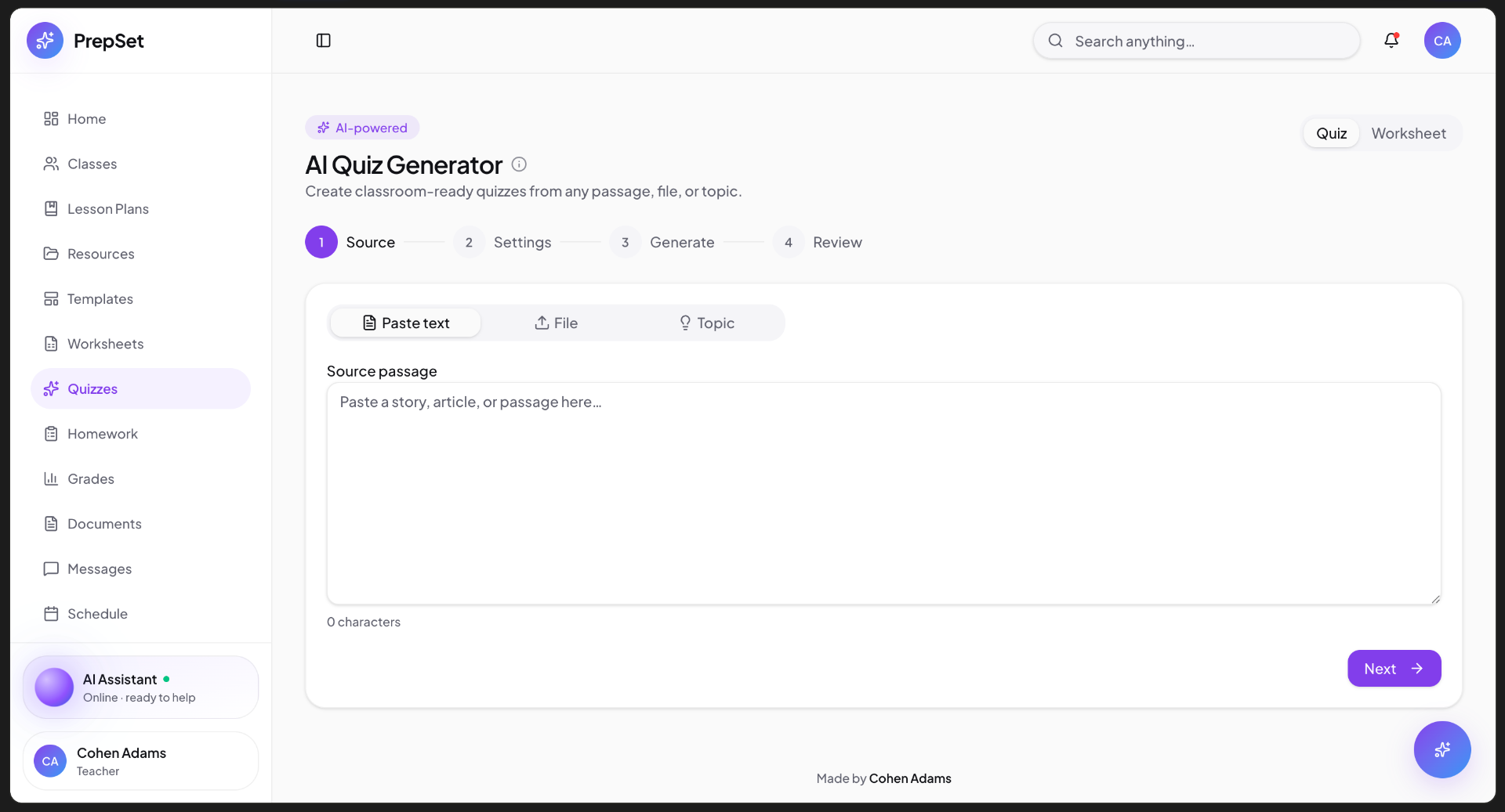 Quiz builder — guided four-step flow from source passage to classroom-ready review.