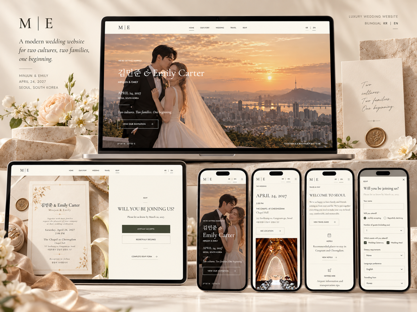 One experience across screens — the site adapts from laptop to tablet to phone, keeping its typography, imagery and navigation intact.