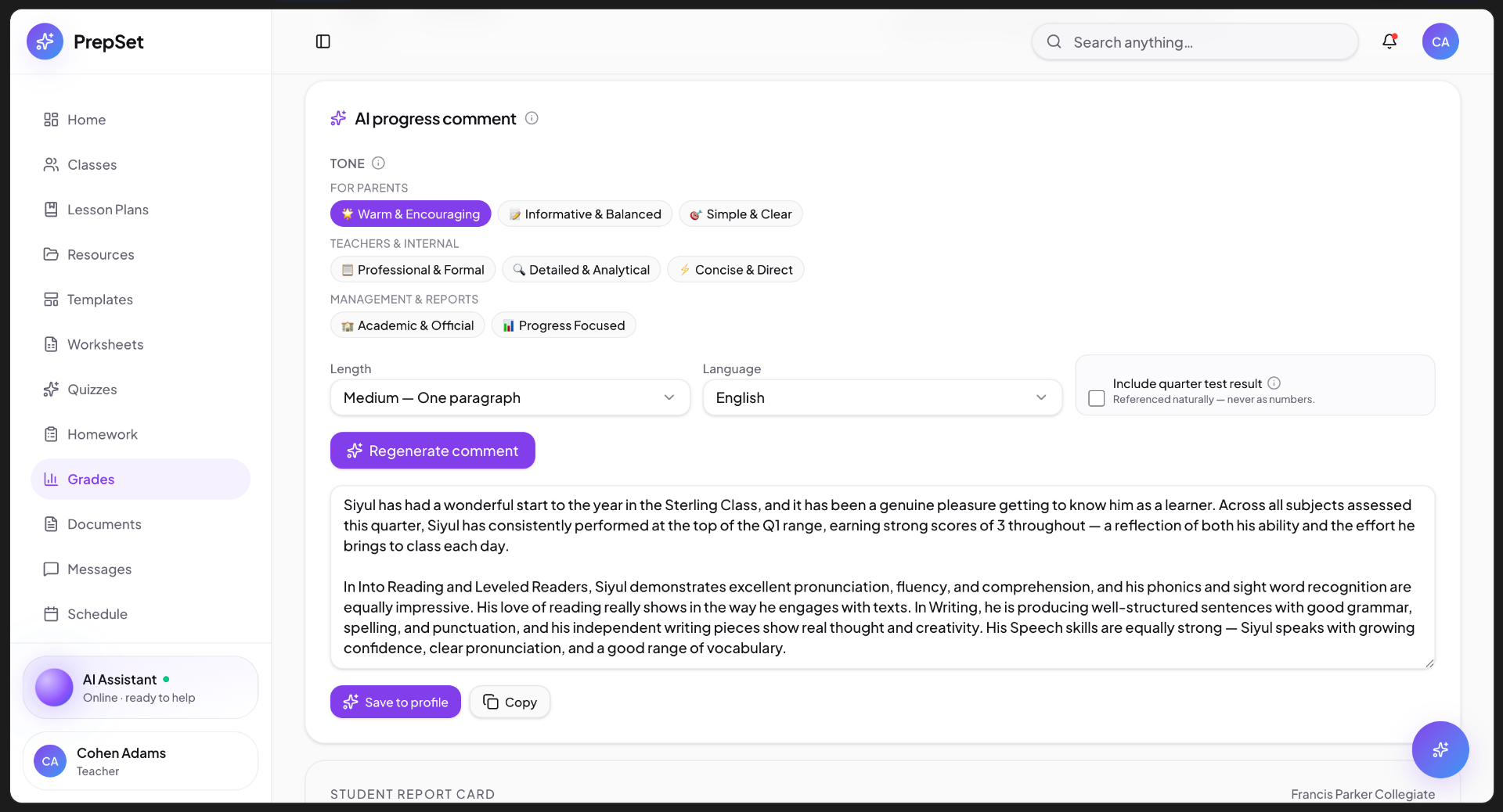 AI progress comments — tone-aware writing for parents, teachers and reports.