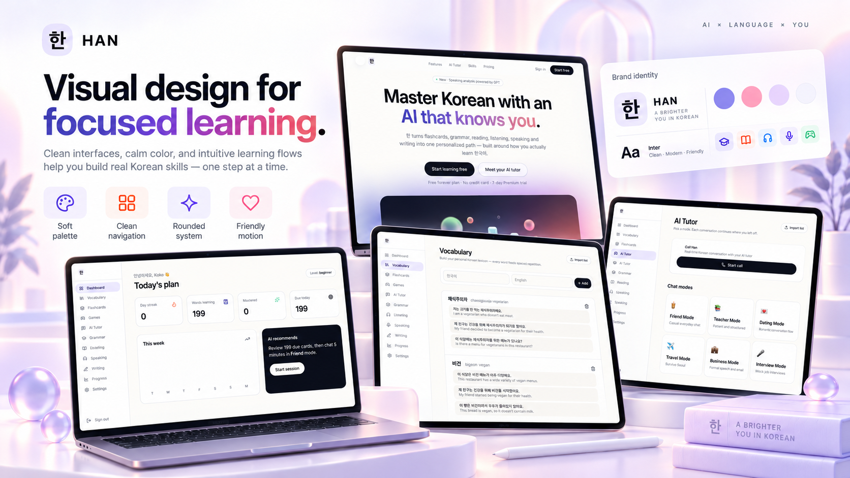 Visual design for focused learning — soft palette, clean navigation, rounded system and friendly motion, built on lavender, violet, coral and deep navy.