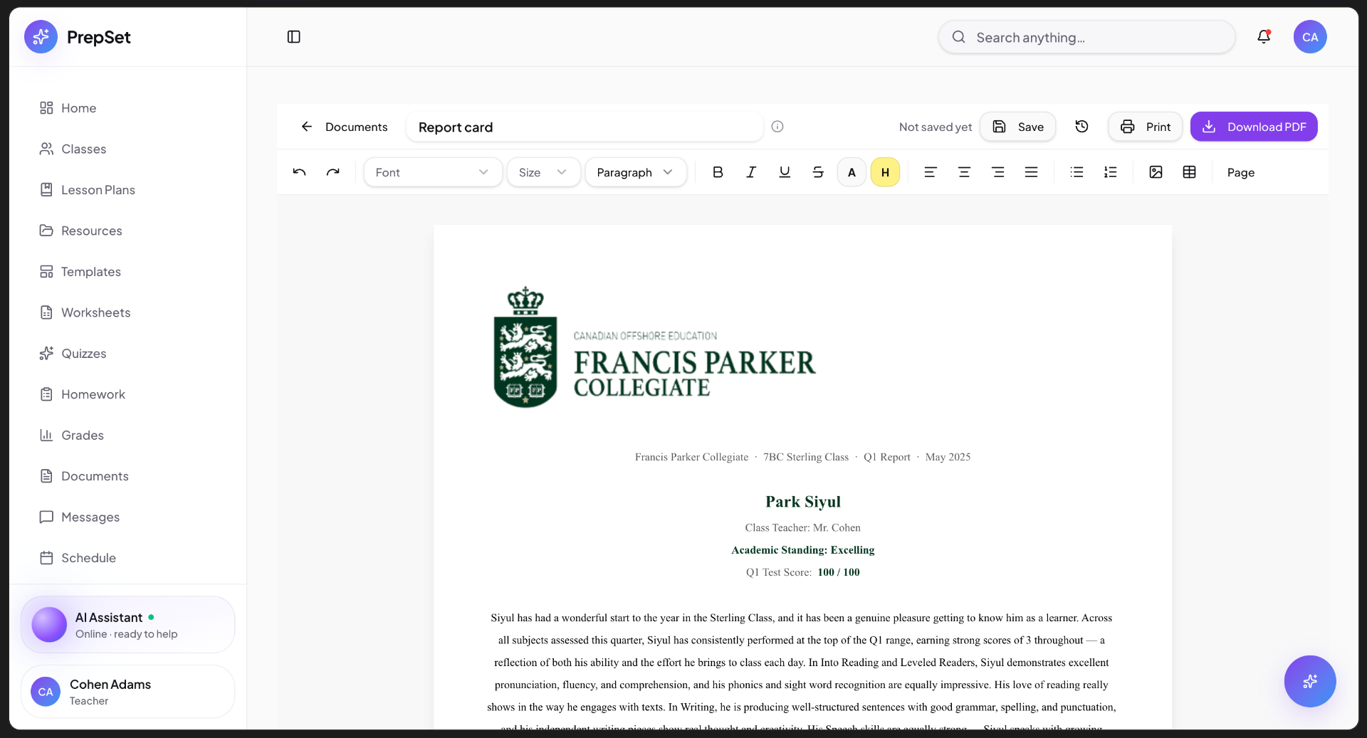 Document editor — formatted, school-branded report cards generated in seconds.