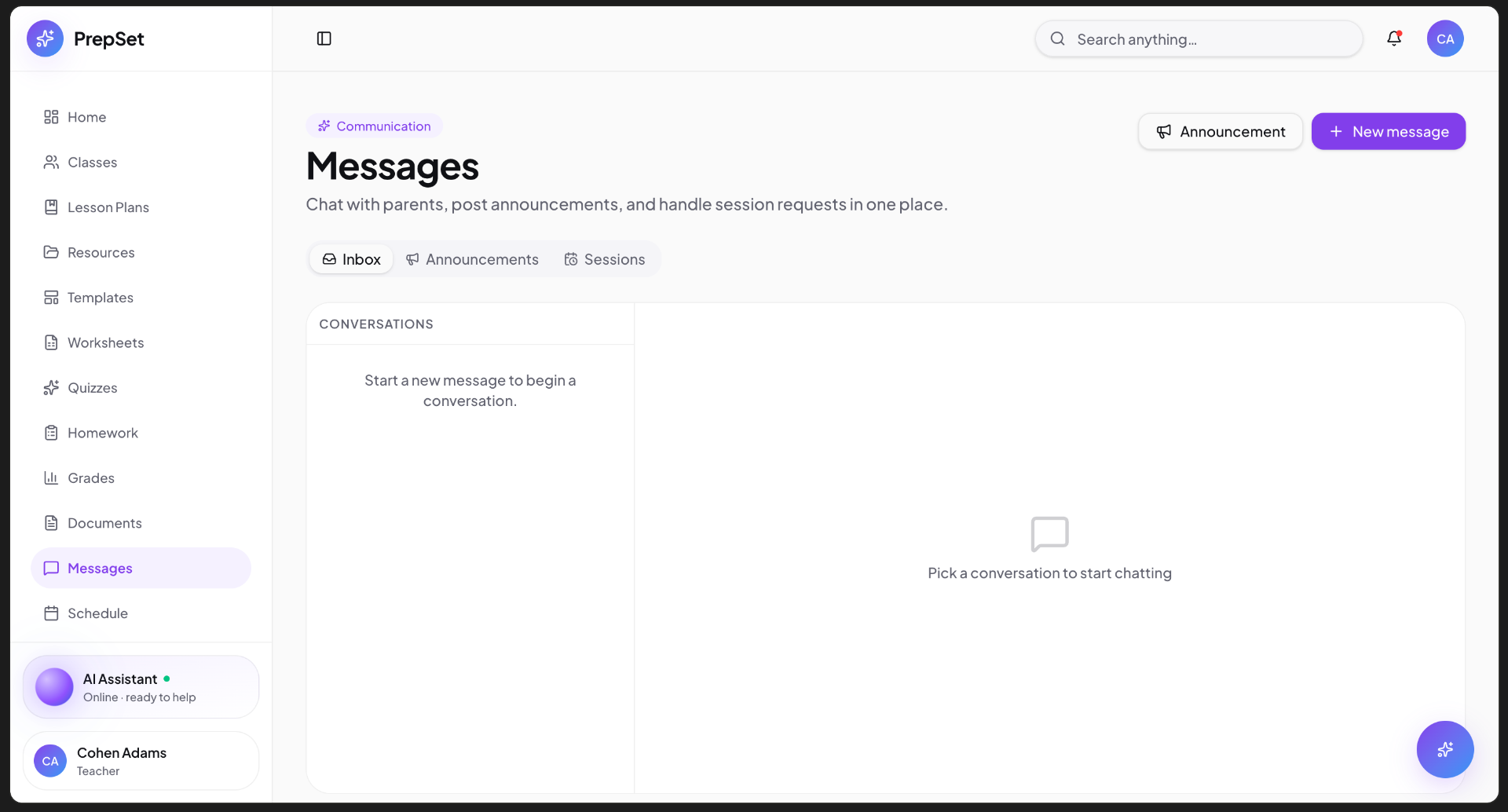 Messages — chat with parents, post announcements and handle session requests.