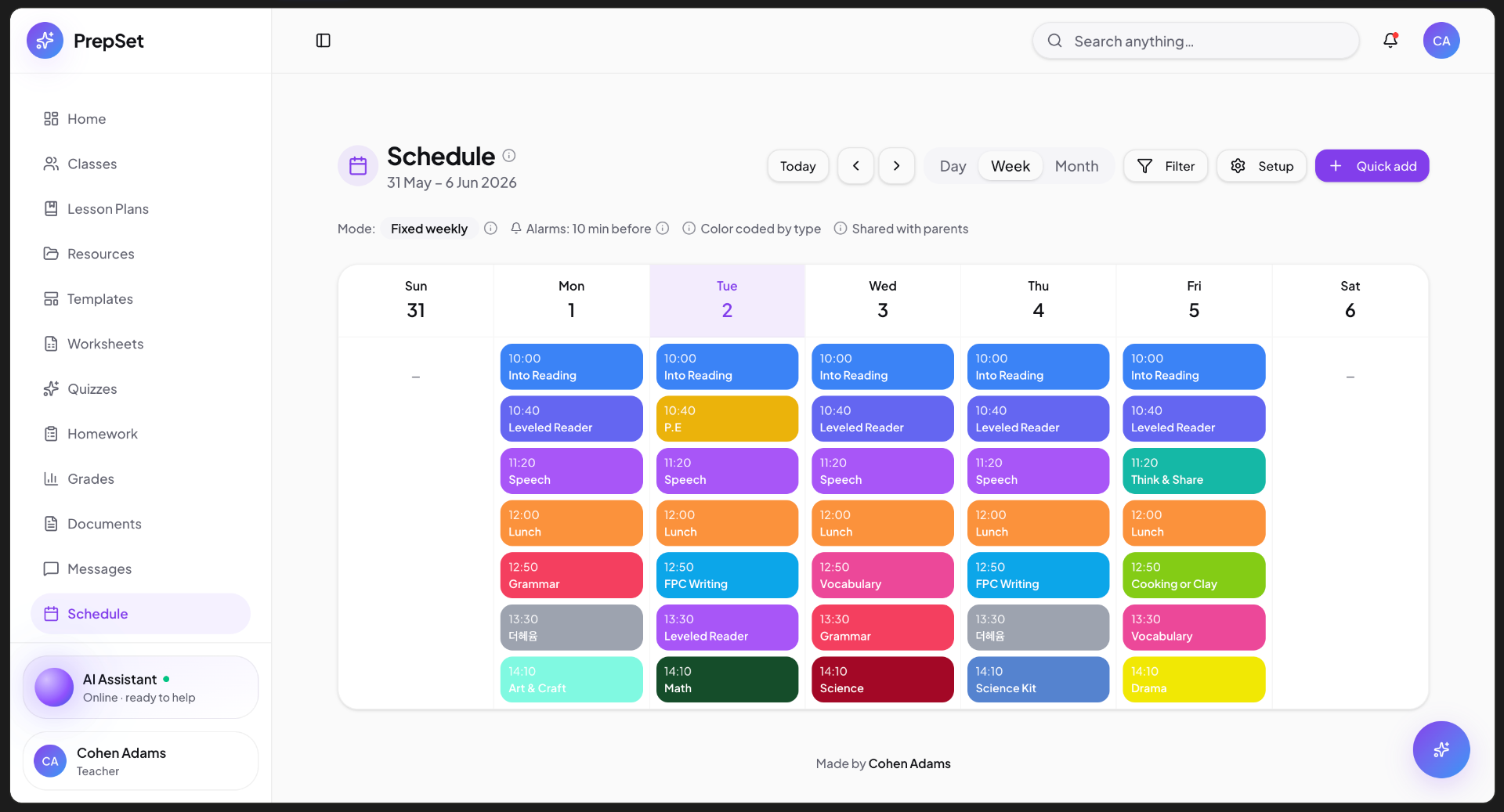 Schedule view — color-coded weekly timetable shared with parents.