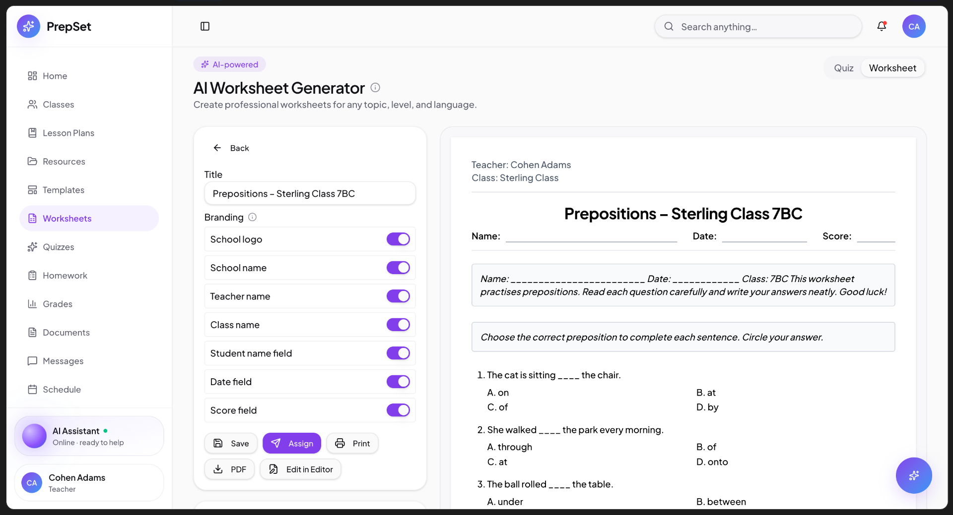 Branded worksheet preview with school logo, fields and answer choices ready to print.