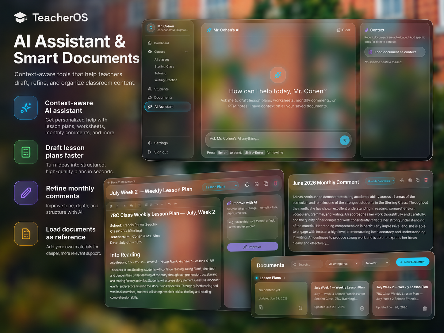 AI assistant — Cohen's AI drafts lesson plans, monthly comments and documents using your saved classes, students and observations.