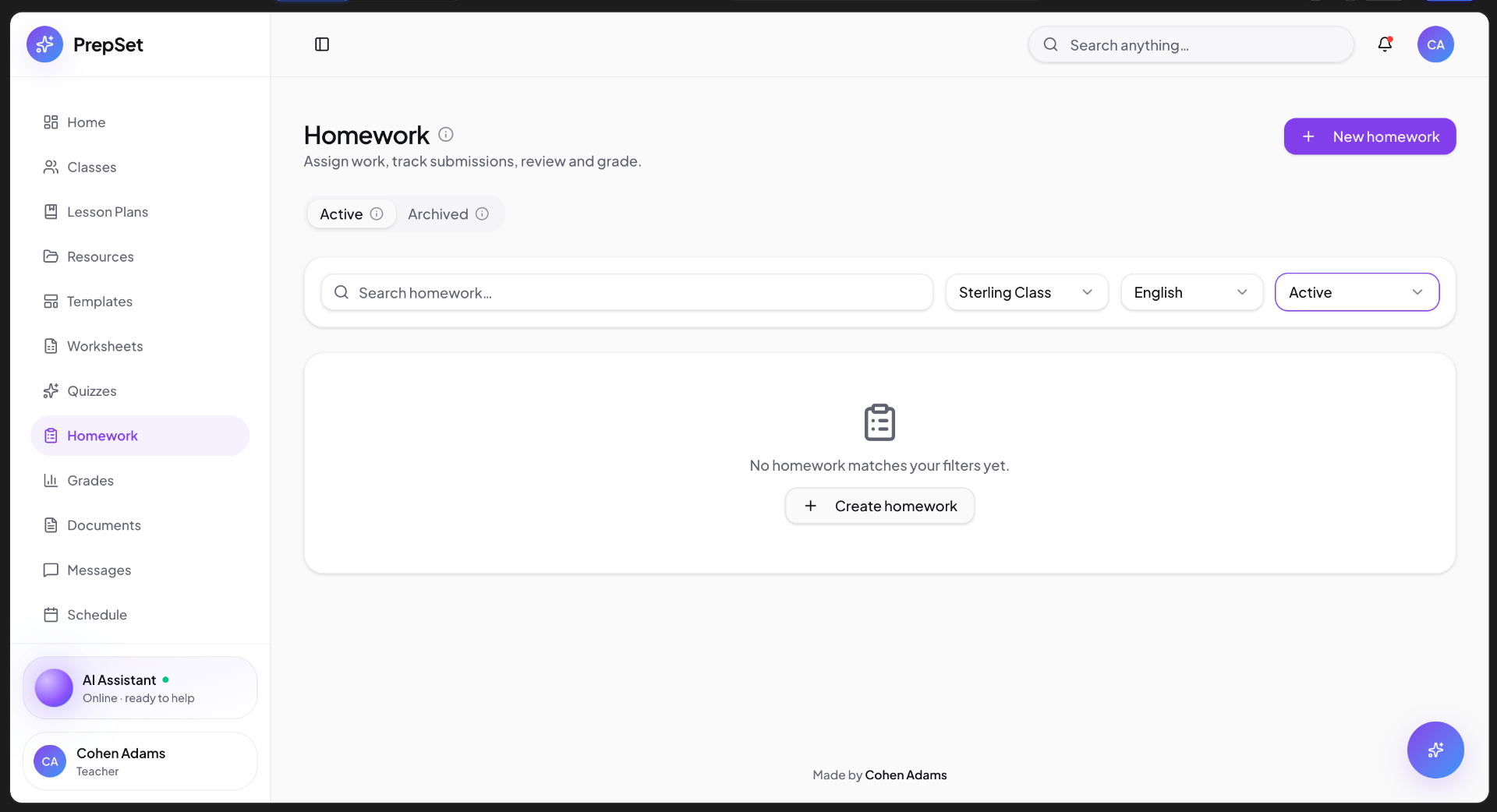Homework hub — assign, filter and track submissions per class and language.