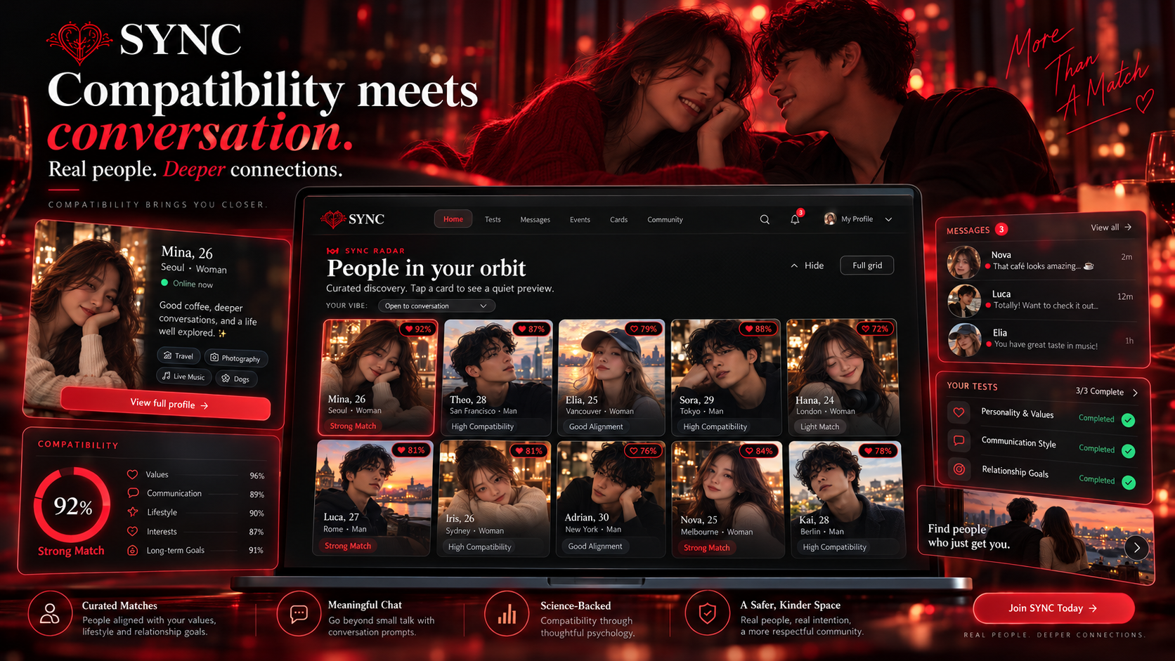 Compatibility meets conversation — curated matches, meaningful chat, psychology-backed insights and a kinder community, in one view.