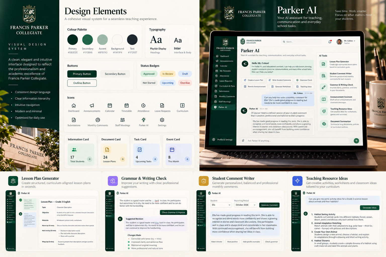 Parker AI and the visual design system — deep emerald and ivory, serif headings, and AI support woven into everyday school tasks.