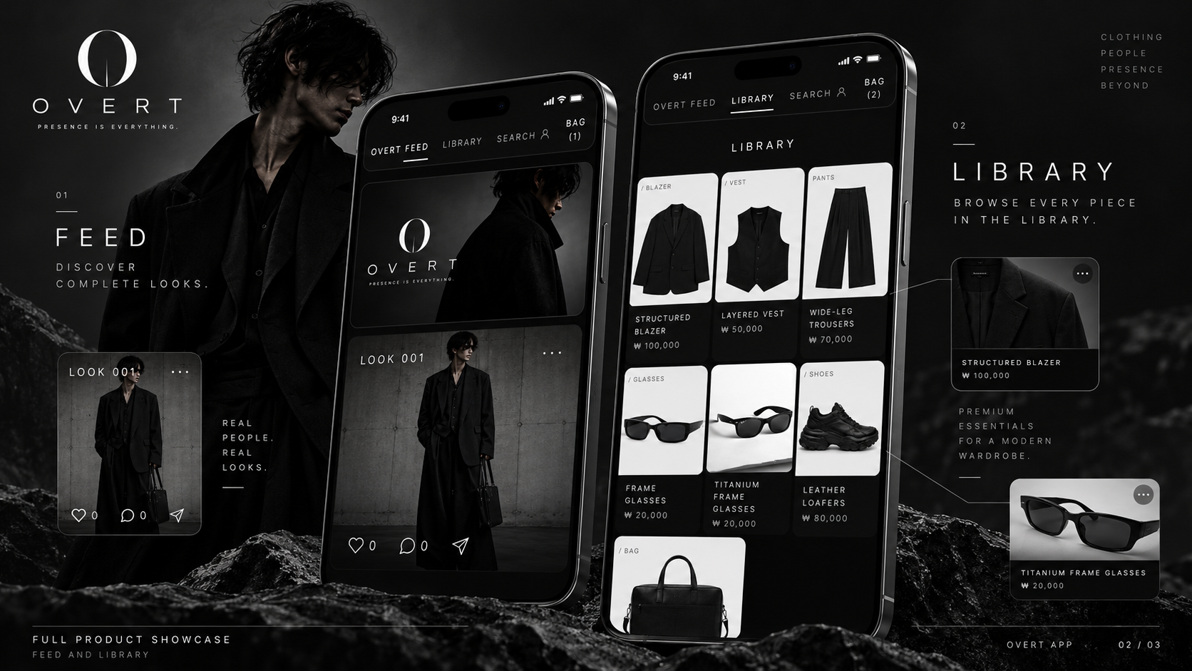 Editorial discovery and the OVERT Library — complete looks sit alongside a monochromatic catalog of individual pieces.