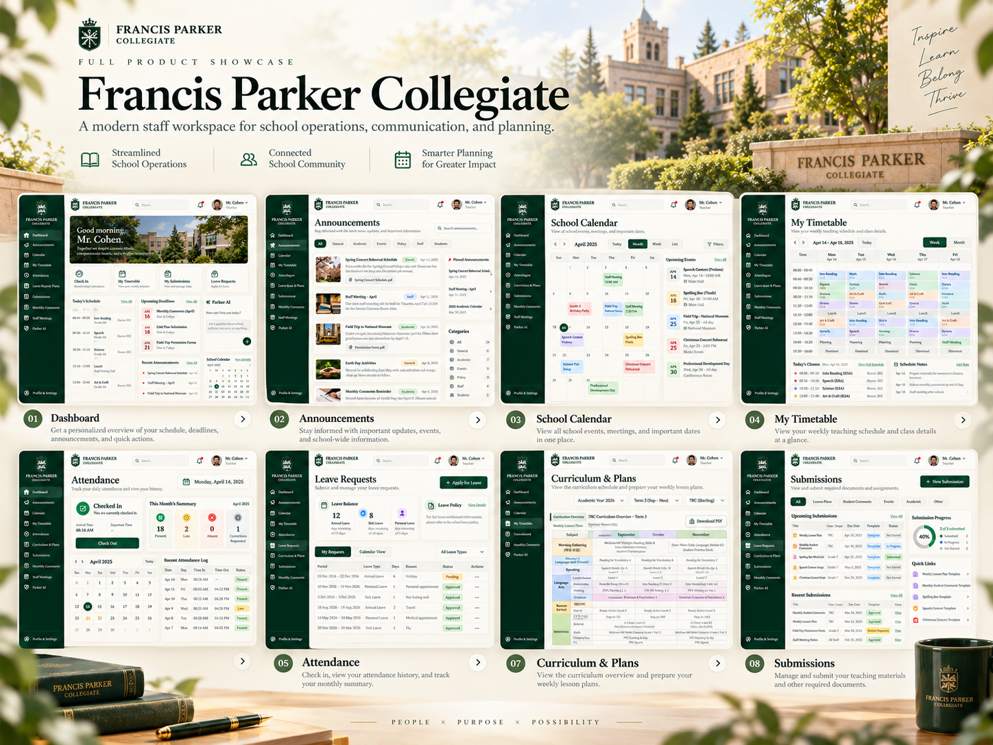 The full portal — dashboard, announcements, calendar, timetable, attendance, leave, curriculum and submissions, one connected workspace.