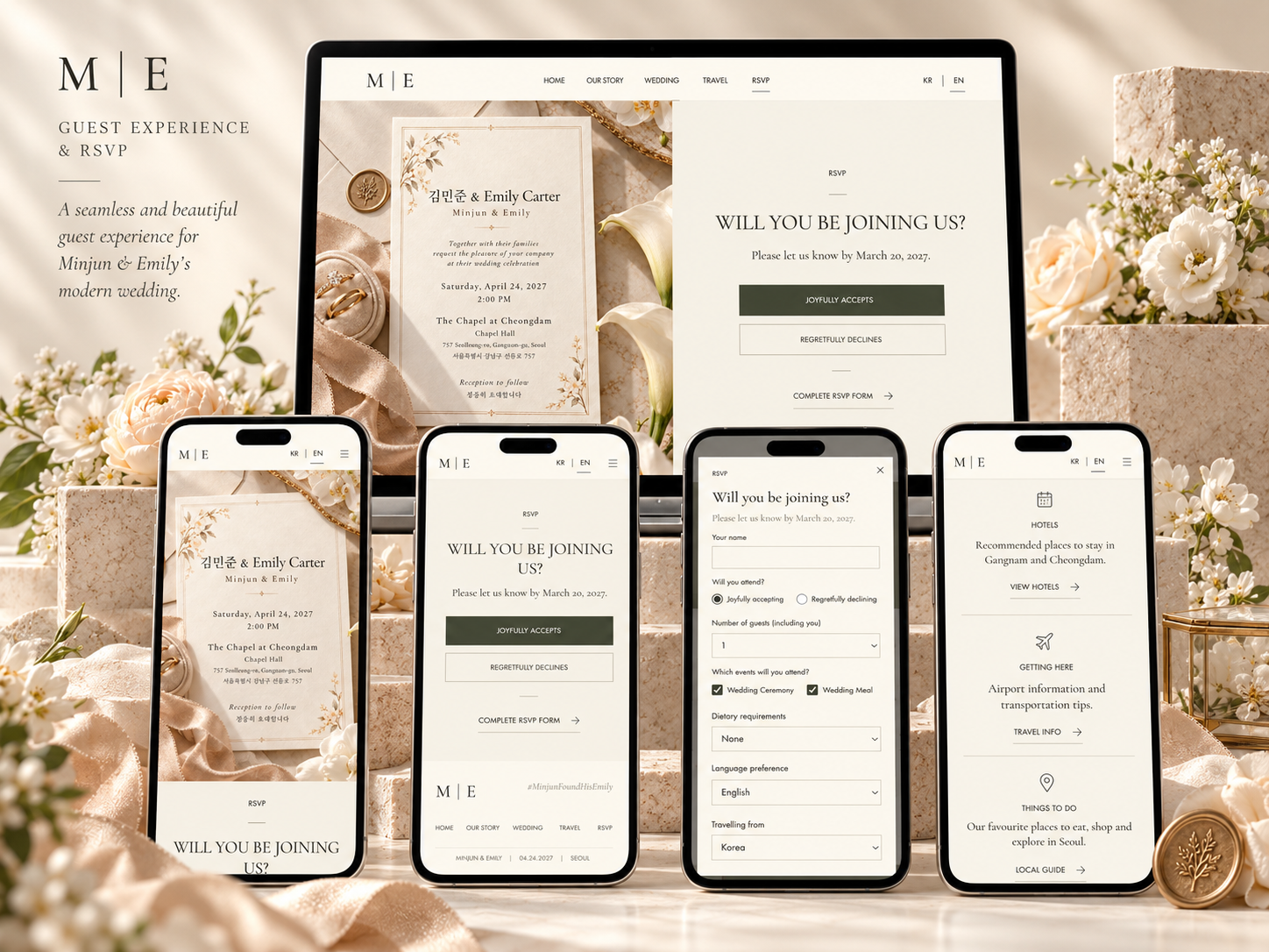 Guest experience & RSVP — the printed invitation and the digital form stay side by side, from first look through to dietary and language preferences.