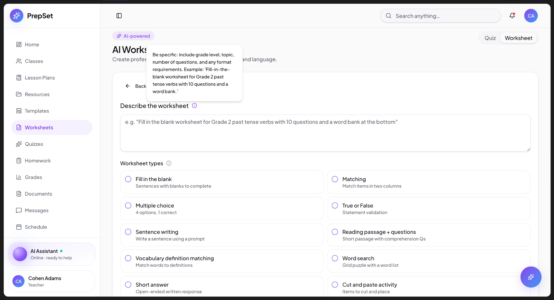 AI worksheet generator — pick a format, describe the goal, ship a ready-to-use sheet.