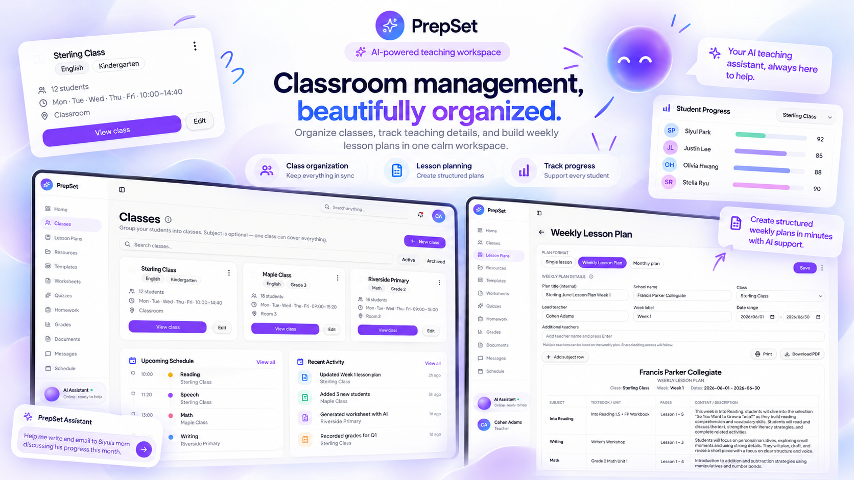 Classroom management — class profiles, teaching schedules and structured weekly lesson plans with printable documents.