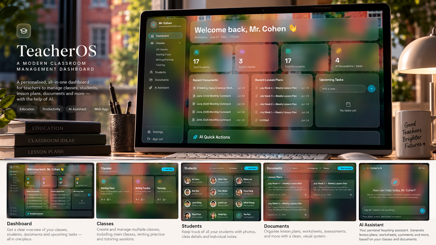 Dashboard — the same calm, personalized overview from the hero: classes, students, documents and upcoming tasks in one glance.