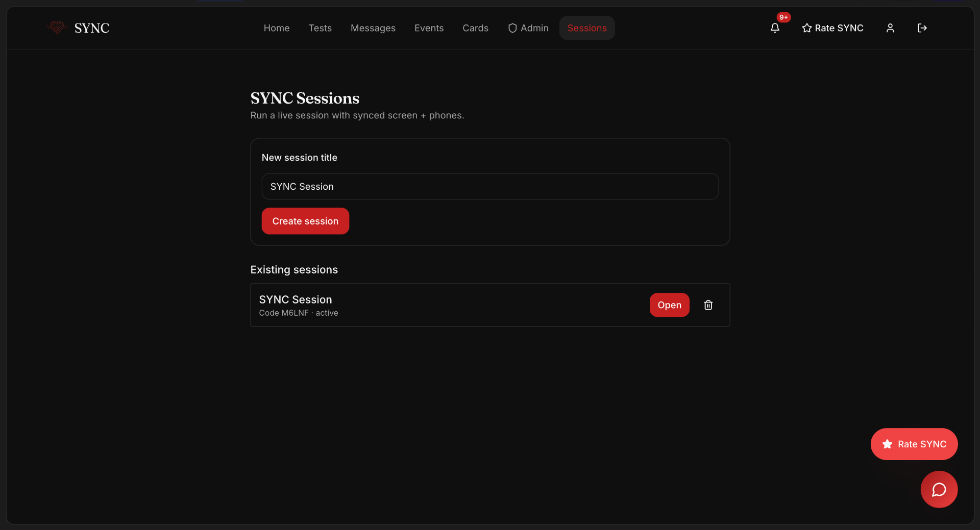 SYNC Sessions — host a live session with a shared screen and synced phones in the room.