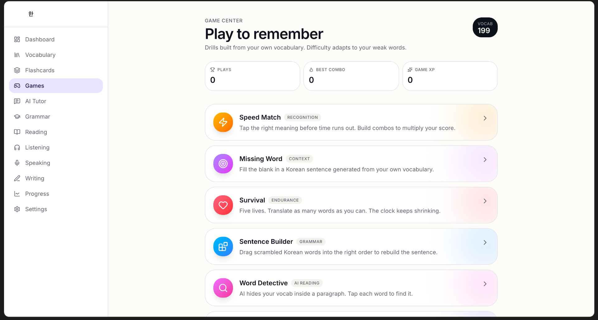 Game center — drills built from your own vocabulary; difficulty adapts to your weak words.