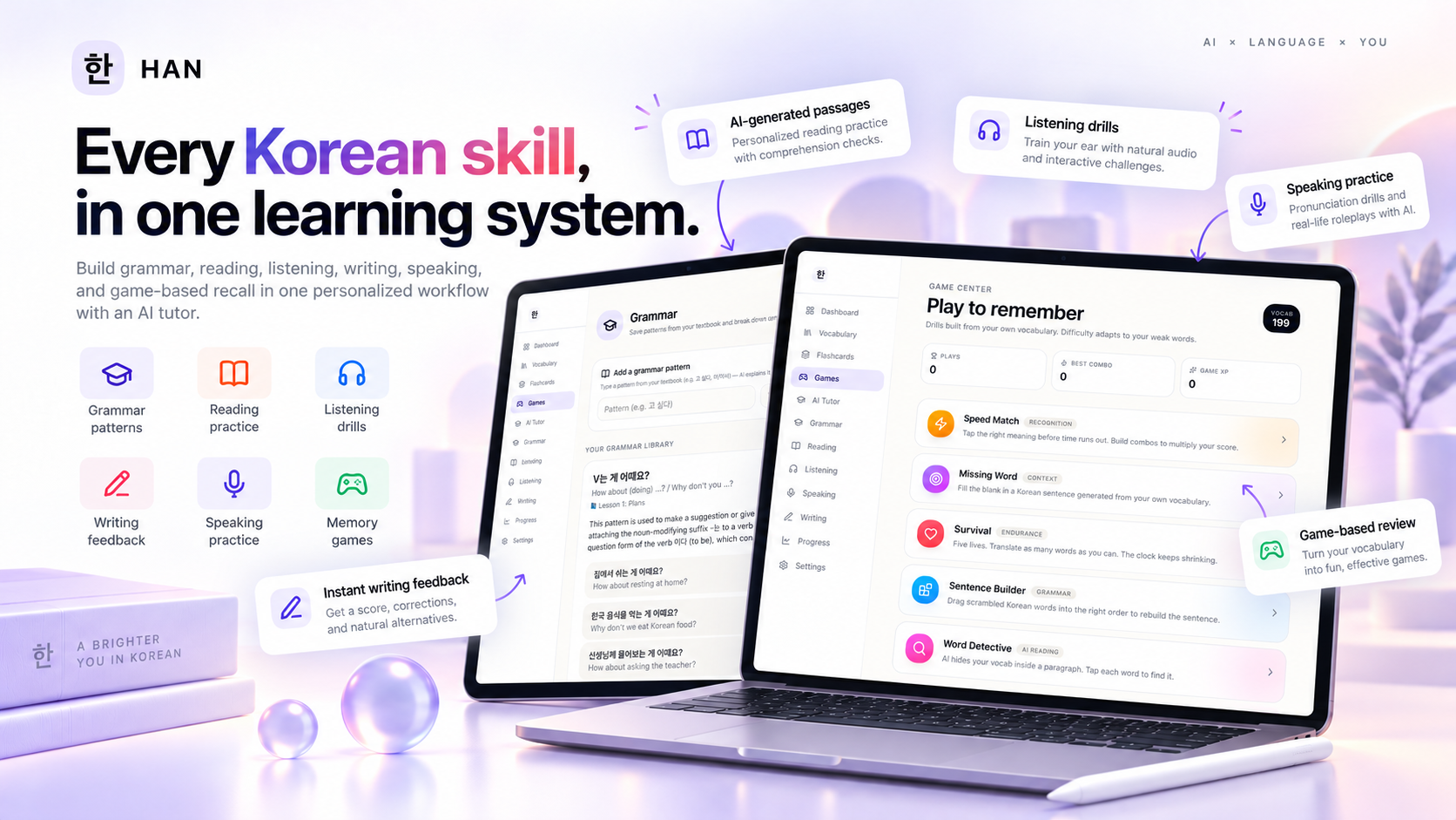 Every Korean skill in one learning system — grammar patterns from your textbook, AI-generated reading, listening drills and a Game Center that adapts to your weak words.
