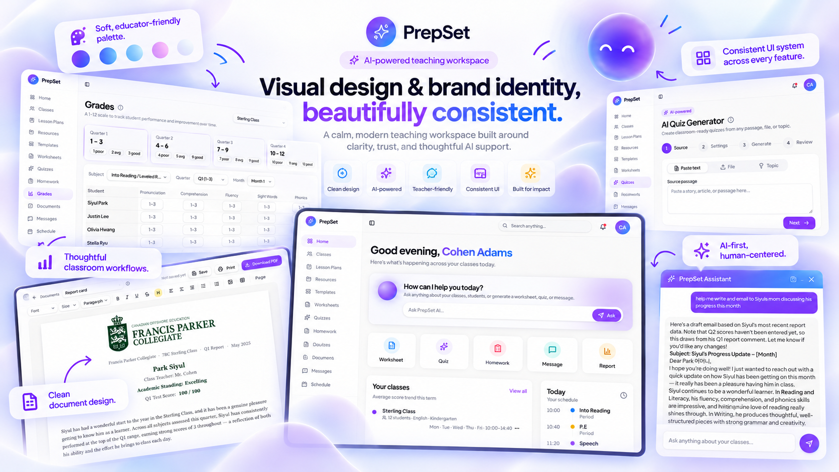 Visual identity — a white and lavender workspace with violet-blue AI accents and consistent navigation across teaching tools.