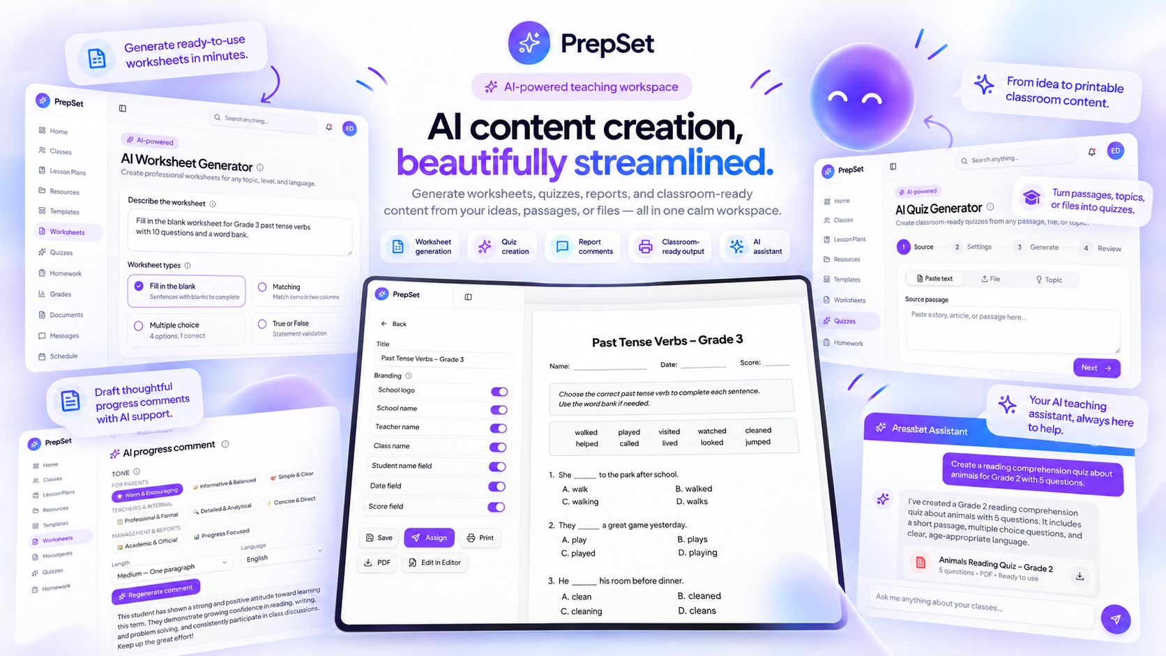 AI content creation — worksheet formats, guided quiz generation, editable classroom materials and contextual assistant support.