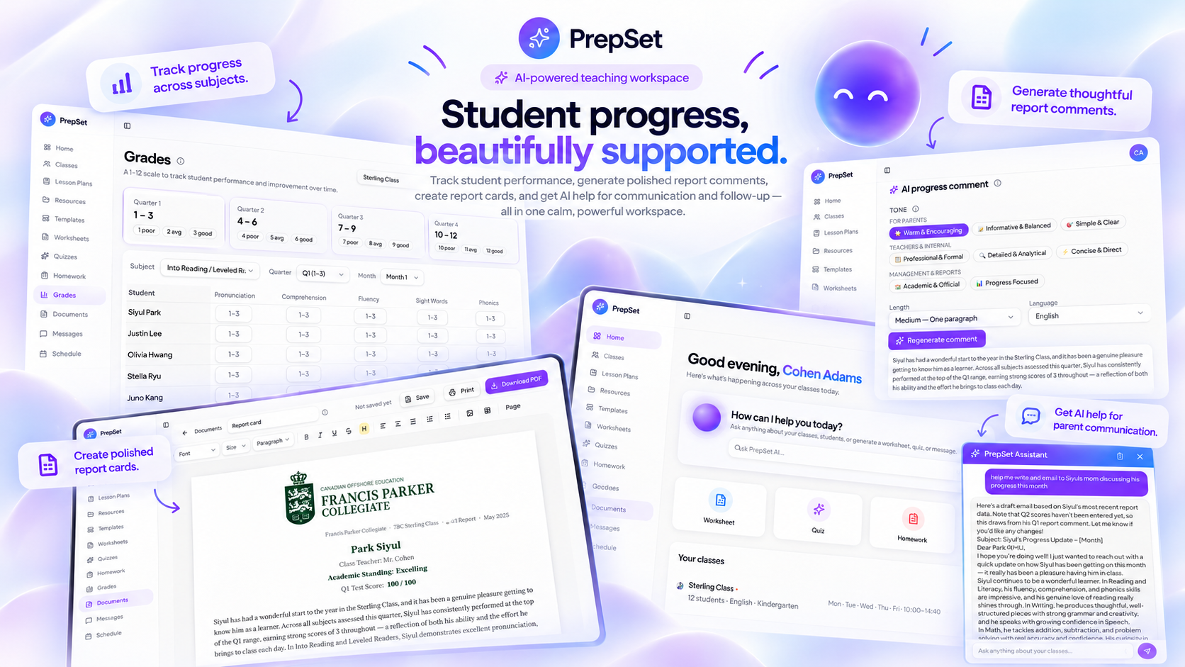 Student progress — subject-level grading, adjustable progress comments, report-card editing and AI-assisted parent communication.